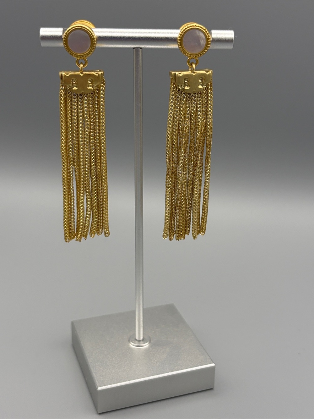 Tory Burch Gold Tassel Drop Earrings with Mother of Pearl Stone